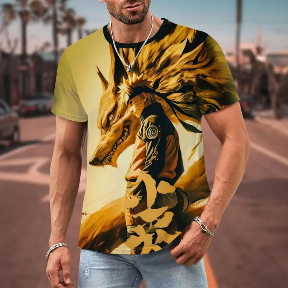 MINISO Naruto Men's T Shirt Japanese Anime 3D Prints Casual Short Sleeve Tees Street Oversized Clothing Fashion Cartoon T-Shirts