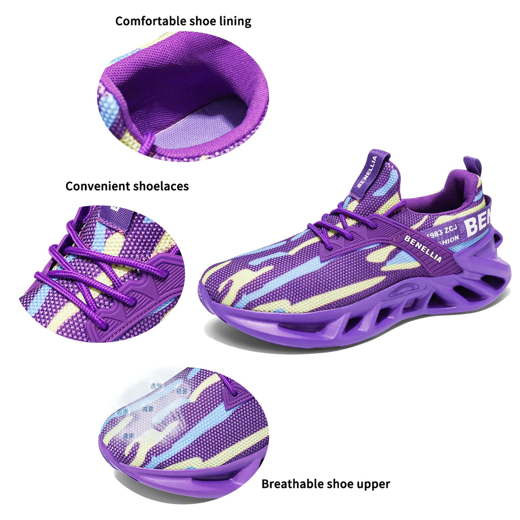 Blue anime-inspired running shoes for men and women with lace-up closure and stylish design.