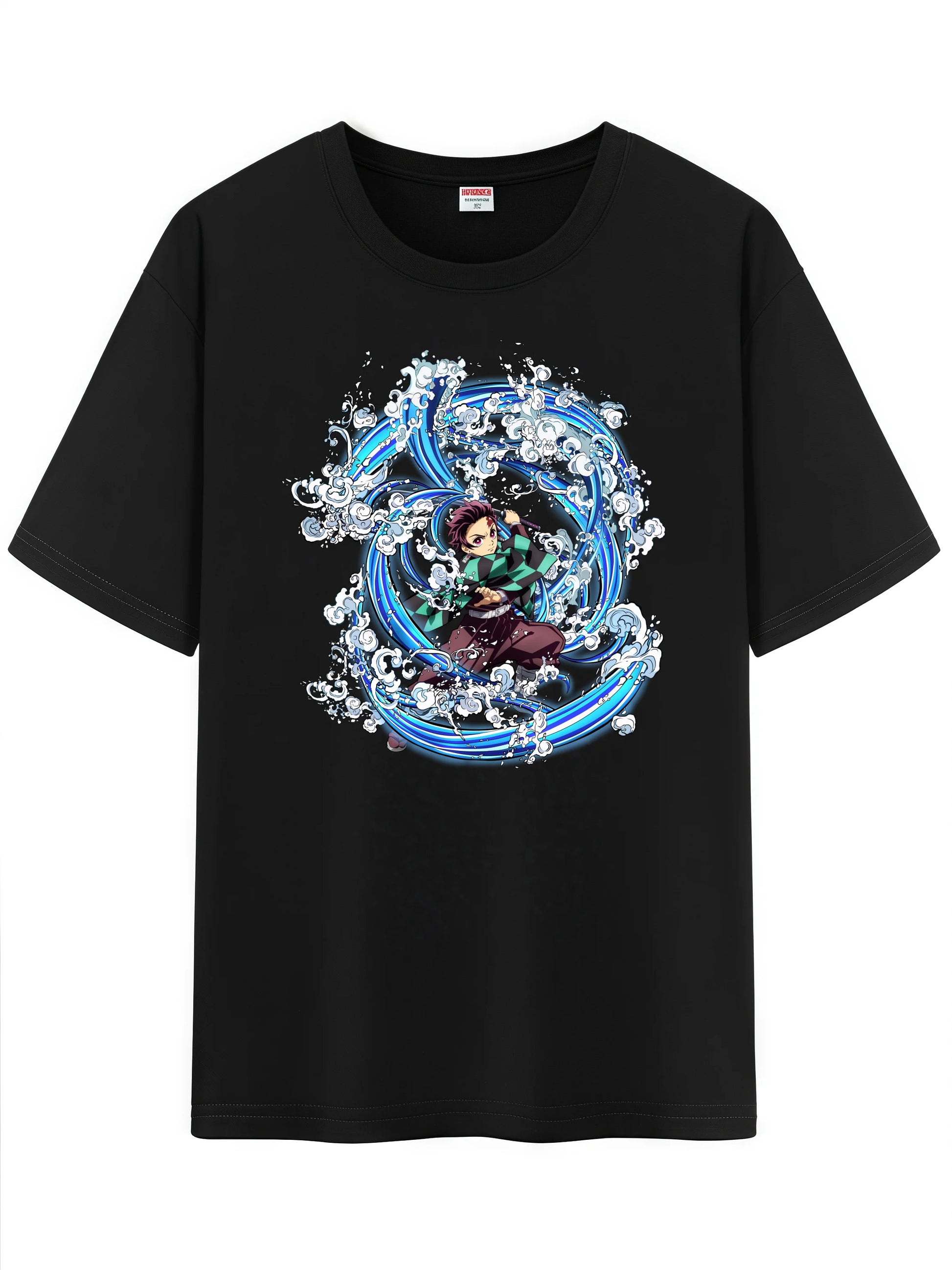 Black t-shirt featuring vibrant anime character splashing through dynamic blue waves.