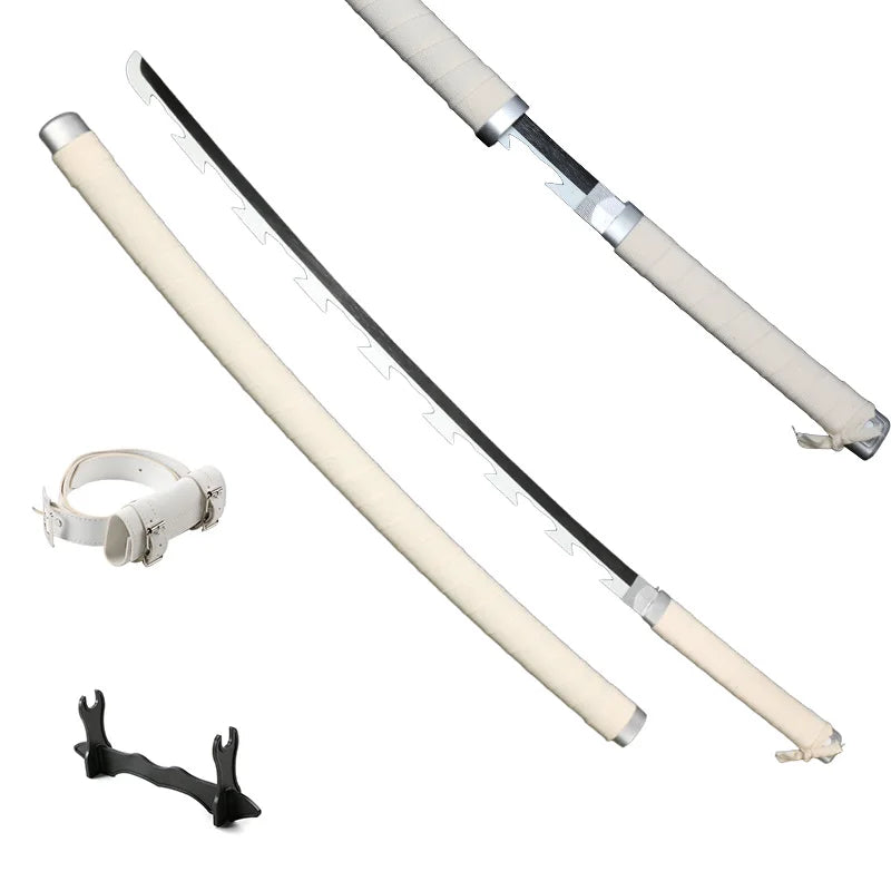 Collection of colorful anime swords with unique designs and a display stand, showcasing samurai katana styles.