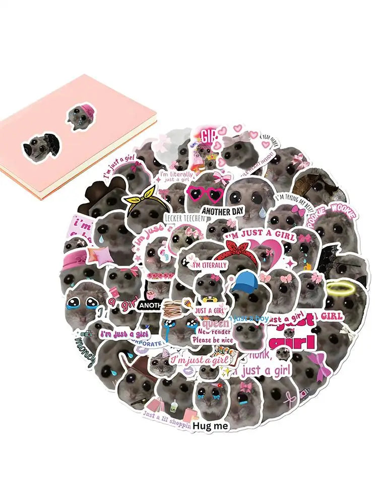 56pcs Sad Hamster Meme Decals Cute Stickers Cute Cartoon Graffiti Decals Cute Sad Hamster Sticker Decals For Laptop Water Cup