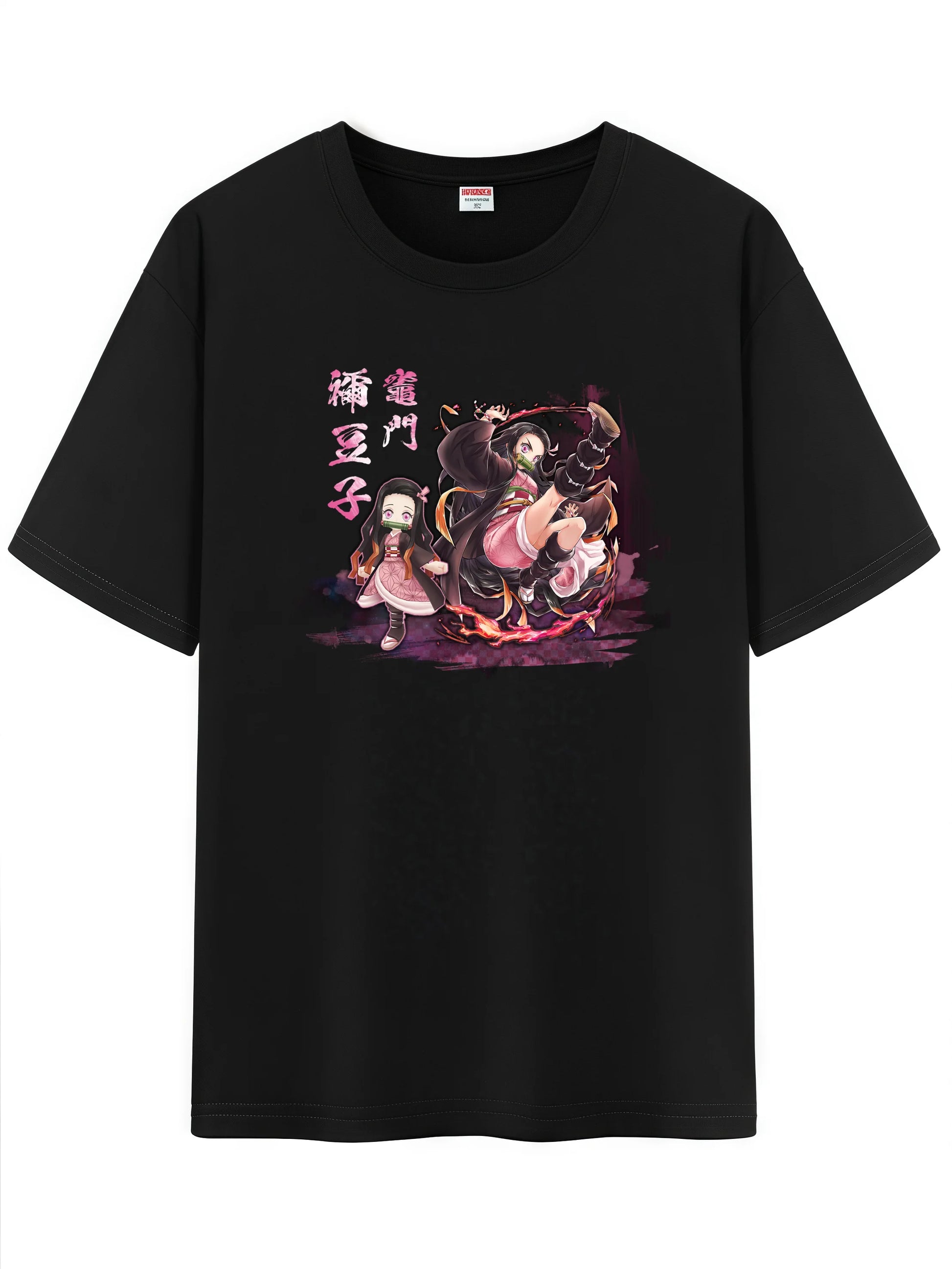 Black unisex t-shirt featuring colorful Demon Slayer anime characters, perfect for fans of Japanese culture.