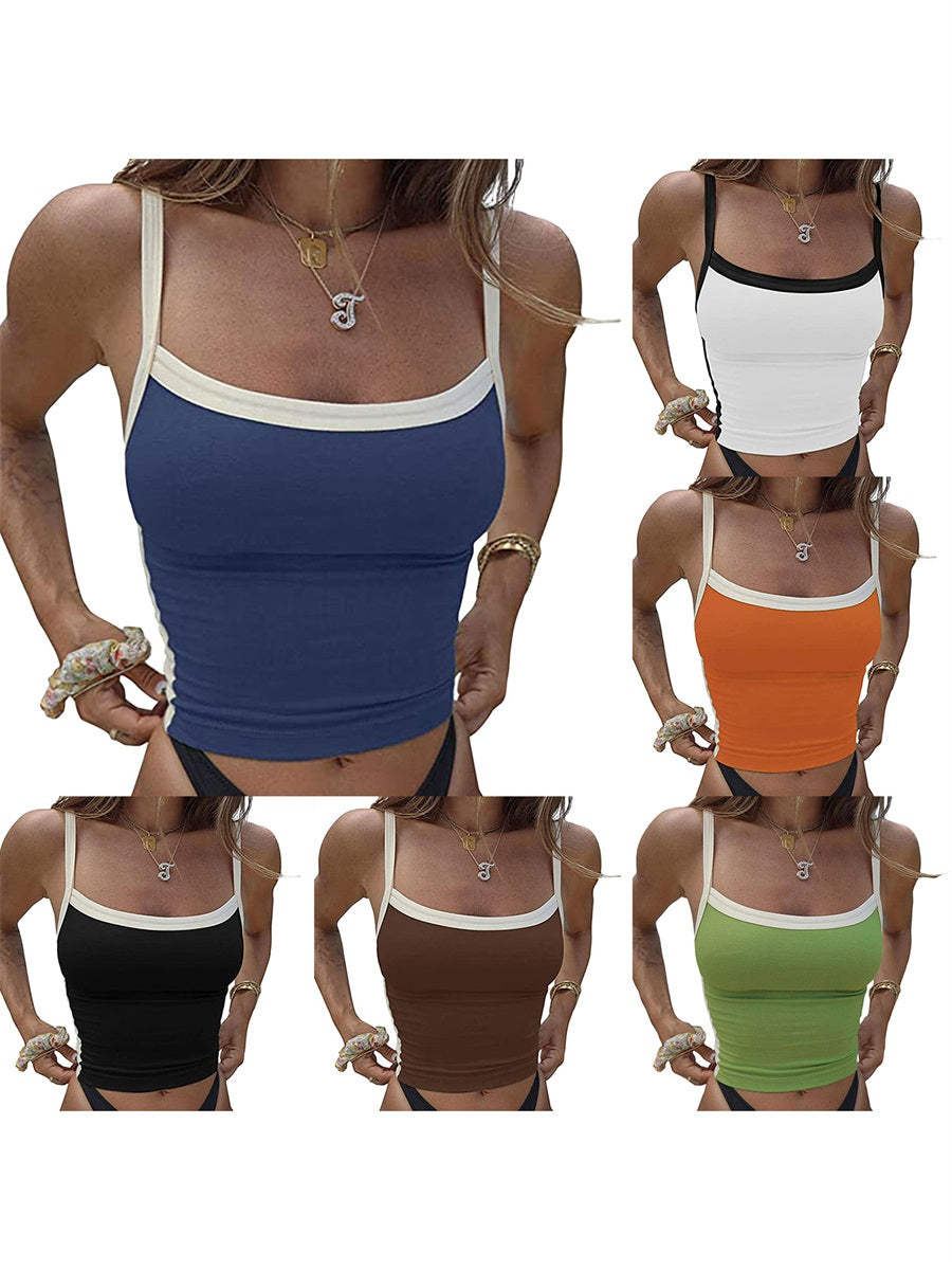 Women Crop Tops Spaghetti Strap Square Neck Contrast Color Slim Fit Camisoles For Women Summer Casual Short Tank Tops