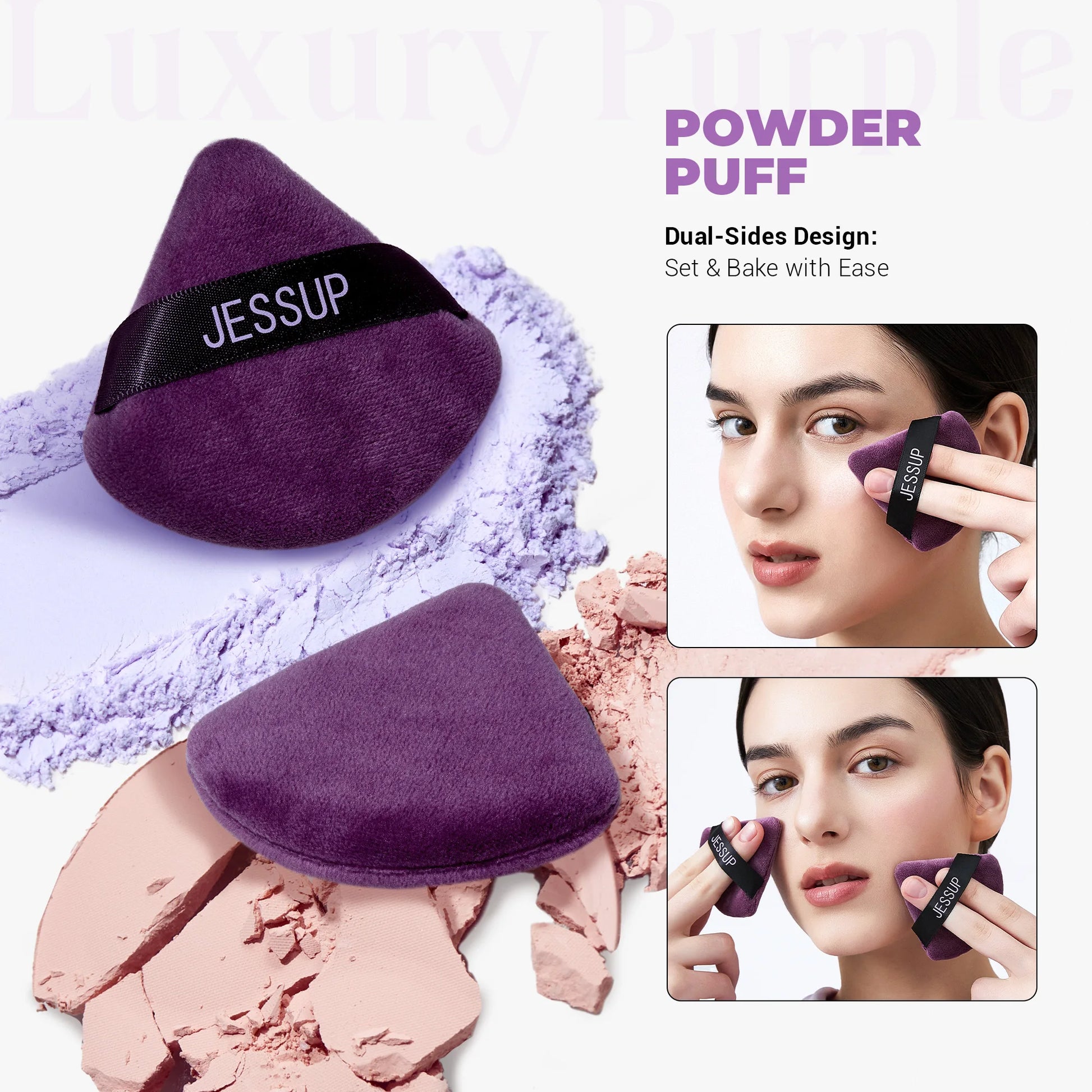Jessup Powder Puff, 2pcs Triangle Powder Puff Soft for Foundation Setting and Baking, Reusable, Washable, Purple SP018