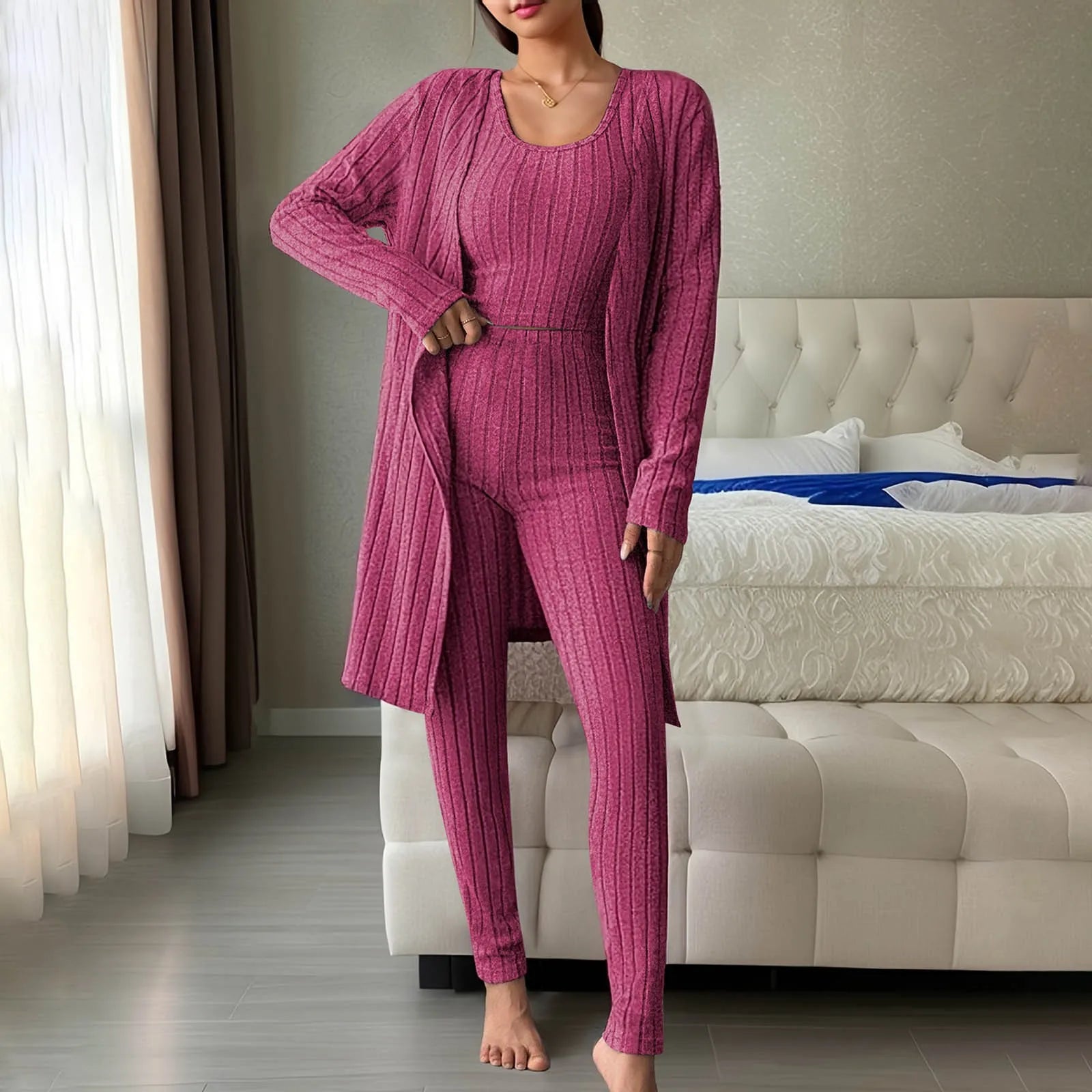 Woman wearing anime and more women's ribbed knit pajama set in gray, featuring a long cardigan and fitted bottoms.