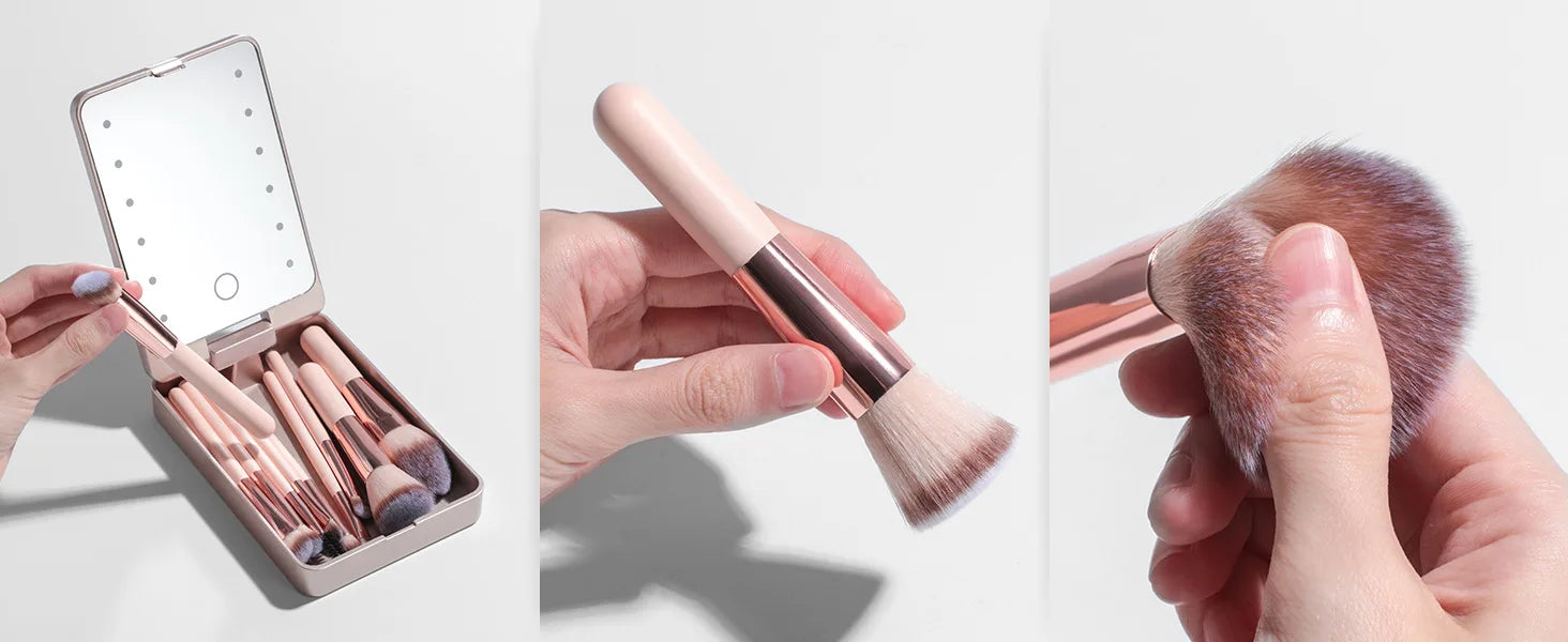 14-Piece Makeup Brush Set with Illuminated Mirror, Portable Short Handle,LED Light,USB Rechargeable Makeup Brushes Kit