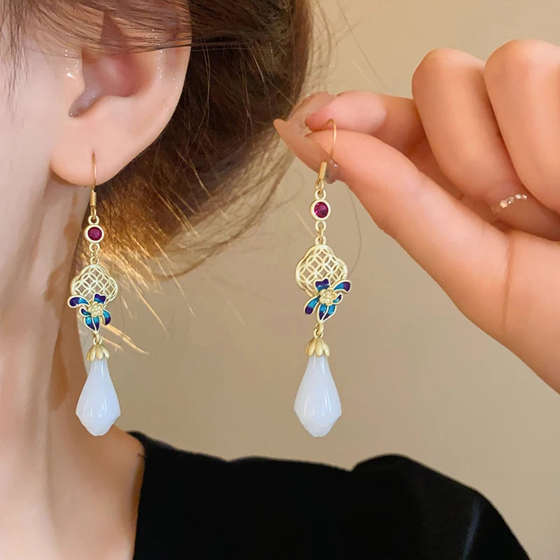Lily Of The Valley Leaf Water Drop Resin Dangle Earrings For Women Partysu New In Earring Hook Vintage Fashion Cheongsam Jewelr