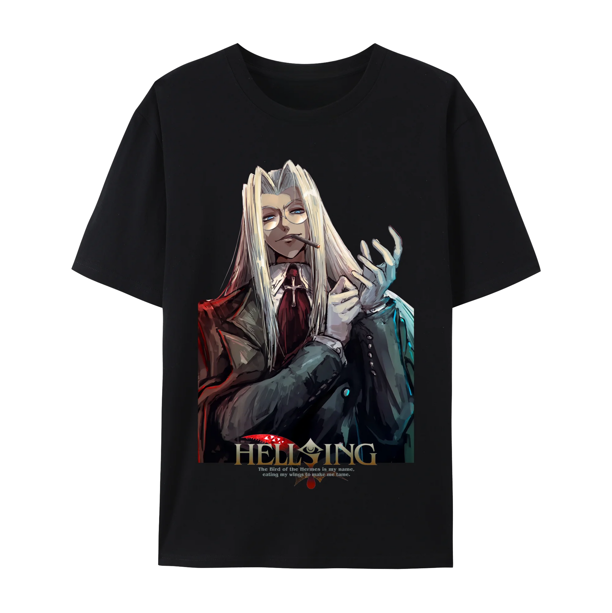Anime and more Alucard graphic cotton t-shirt featuring Hellsing character design on black background.