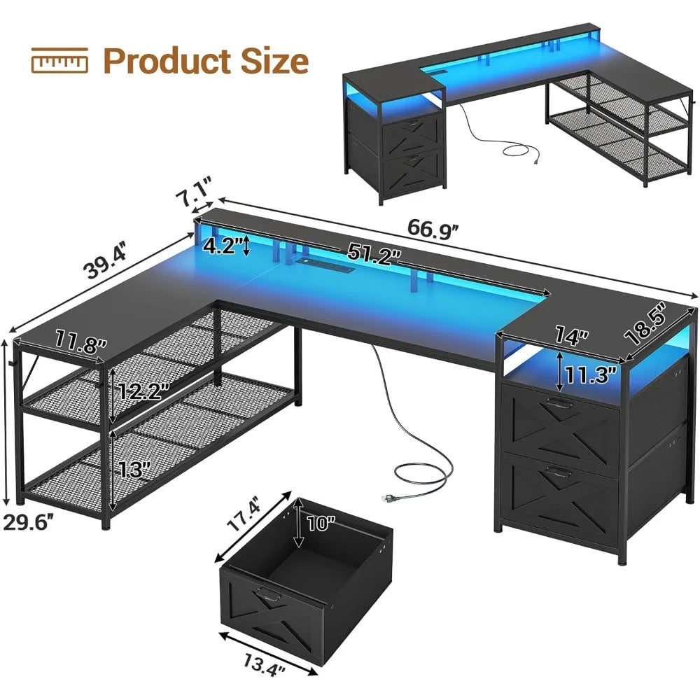 67" L Shaped Desk with Drawers, Computer Office Desk with Storage Shelves & Power Outlet, Reversible Gaming Desks with LED Ligh