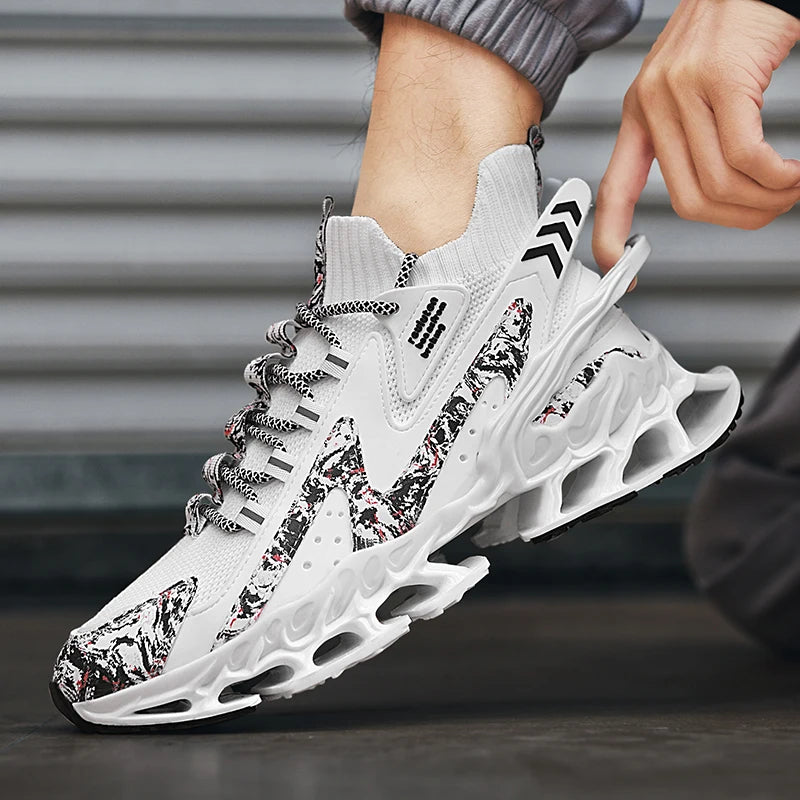 Anime and More men's running shoes with blade design and non-slip features in white and colorful accents.