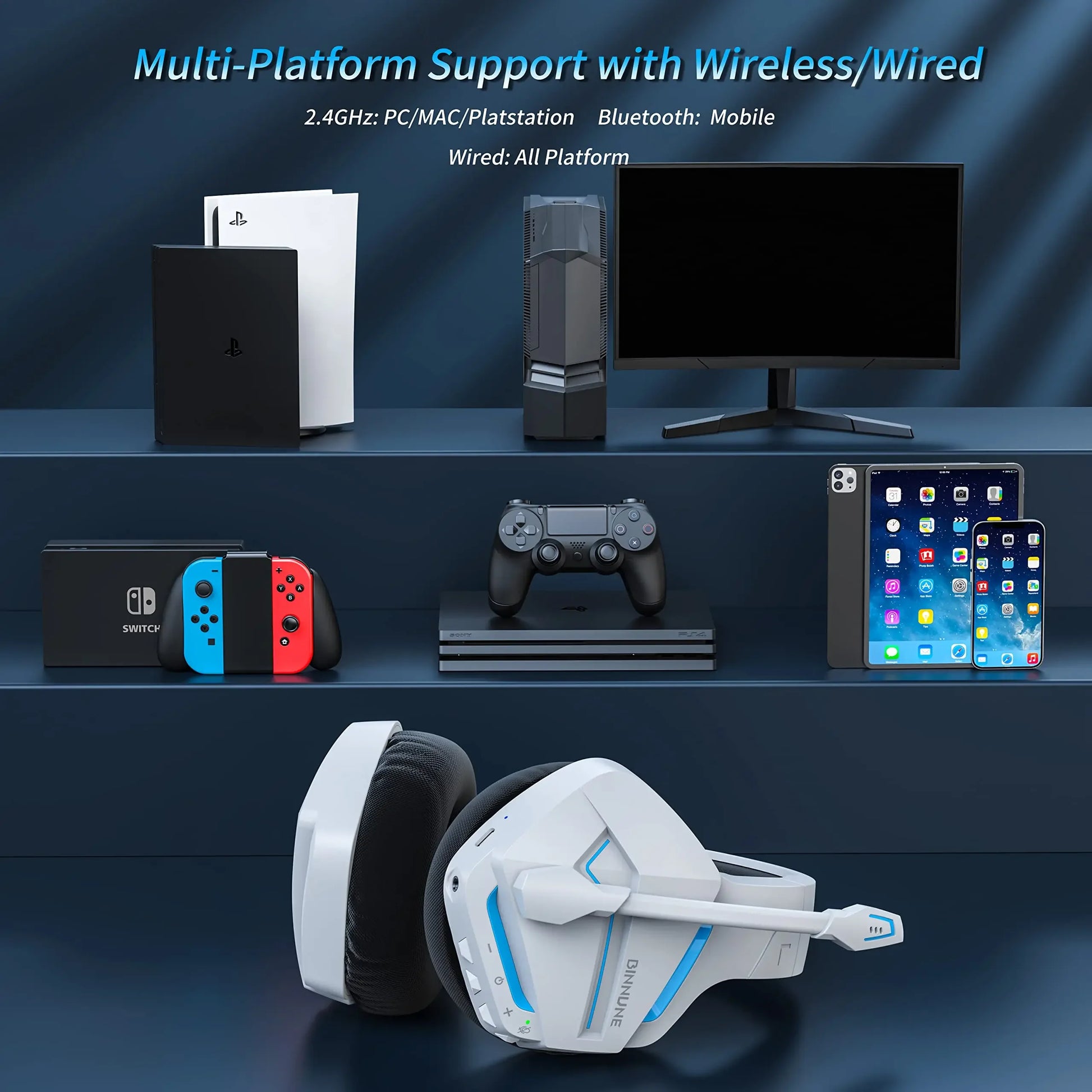 BINNUNE BW01 Wireless Gaming Headset with Mic for PC PS4 PS5 2.4G Bluetooth USB Gamer Headphones with Mic for Laptop Computer
