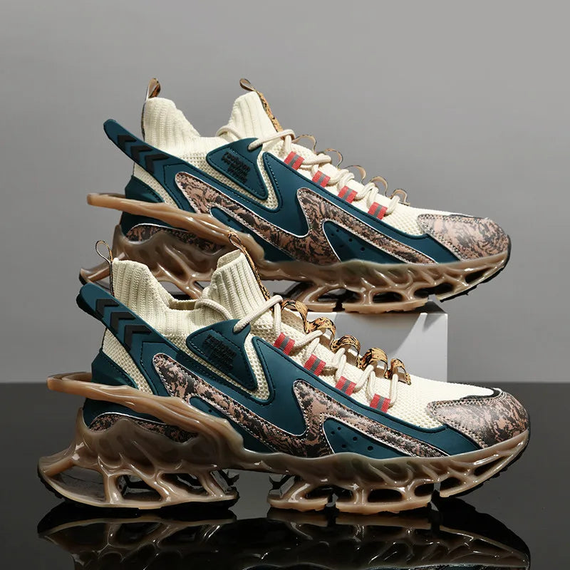 Anime and More men's running shoes with blade design and non-slip features in white and colorful accents.