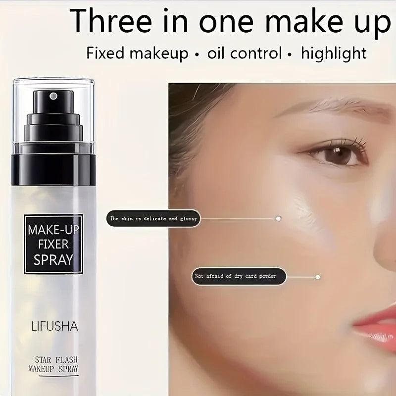 Anime and more Star Flash Quicksand Makeup Setting Spray bottles with applicator nozzle and skin close-up.