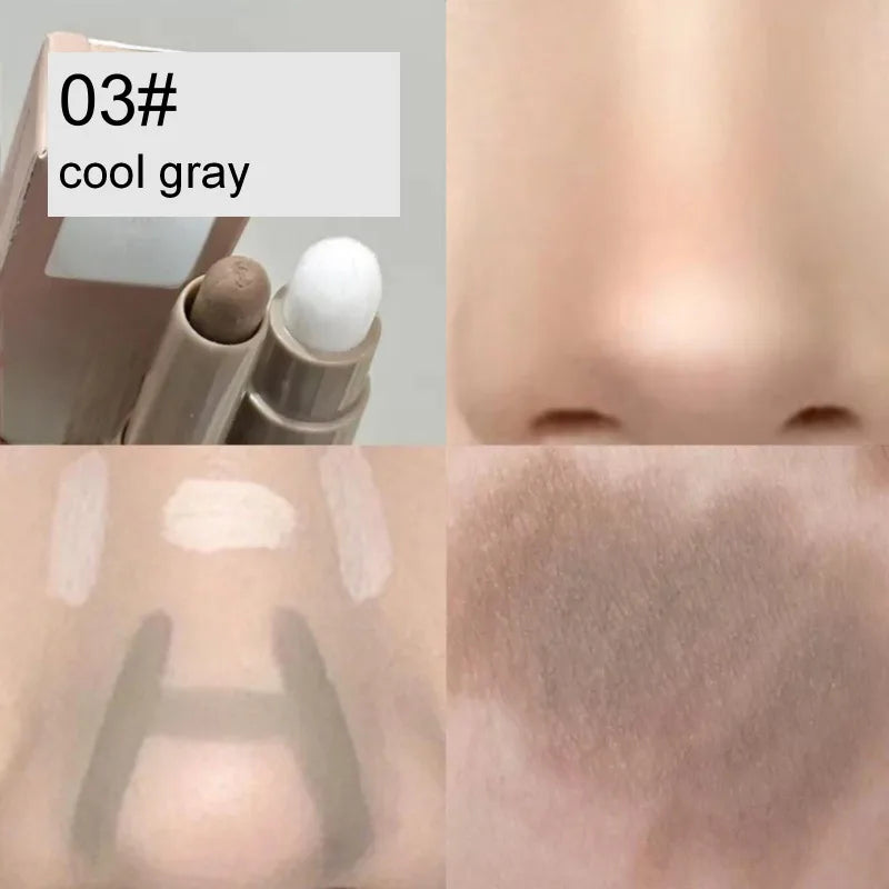 Double-ended contouring pen with cream formulation, applied on skin for modified facial contours.