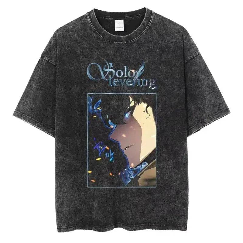 Men's and women's T-shirt plus size Harajuku unisex washed cotton T-shirt Hot Anime Solo Leveling Song Jinyu printed T-shirt