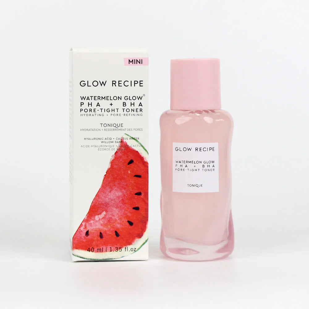 Glow Recipe Watermelon Glow PHA+BHA Pore-Tight Toner bottles in pink packaging for brightening and hydrating skin.