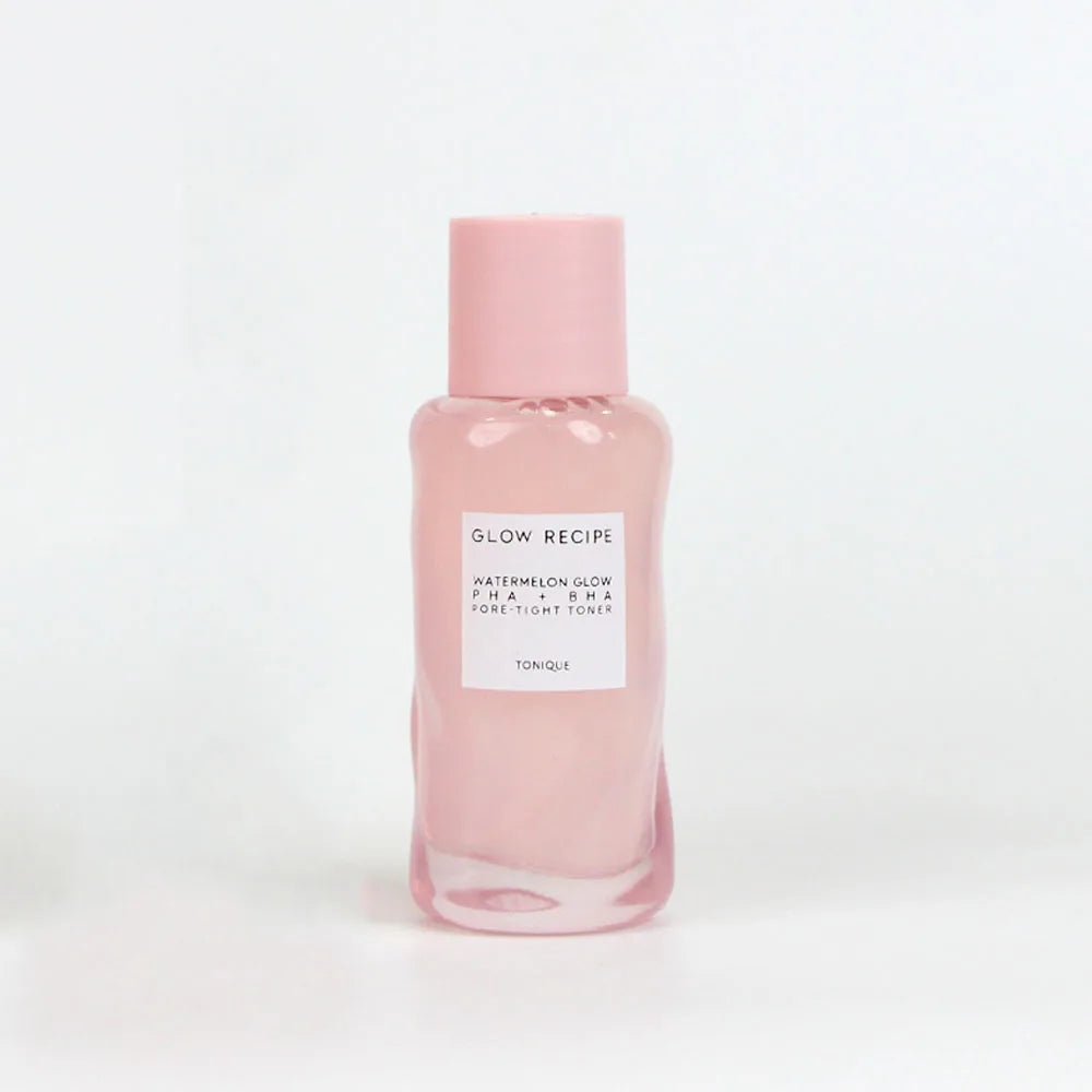 Glow Recipe Watermelon Glow PHA+BHA Pore-Tight Toner bottles in pink packaging for brightening and hydrating skin.