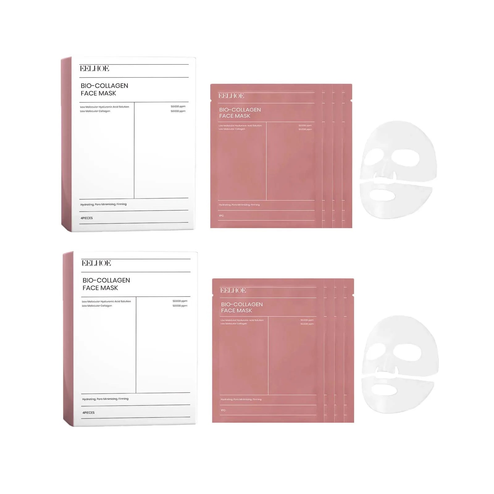 Bio Collagen Face Mask pack with 4, 8, or 12 pieces for anti-aging and skin hydration, featuring a woman using a mask.