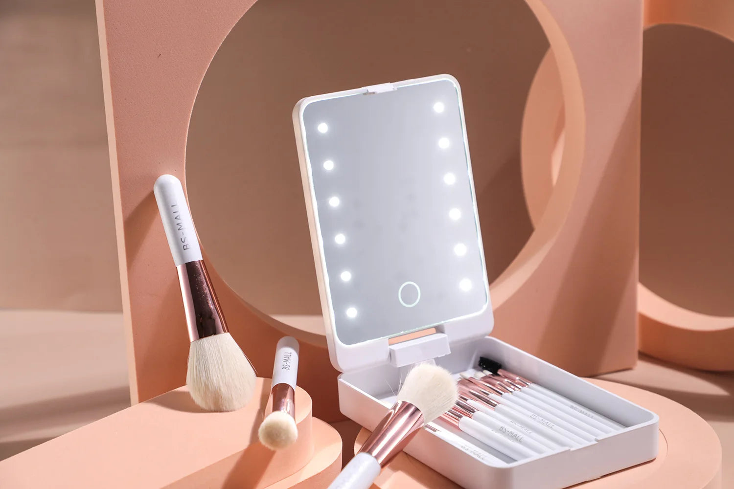 14-Piece Makeup Brush Set with Illuminated Mirror, Portable Short Handle,LED Light,USB Rechargeable Makeup Brushes Kit