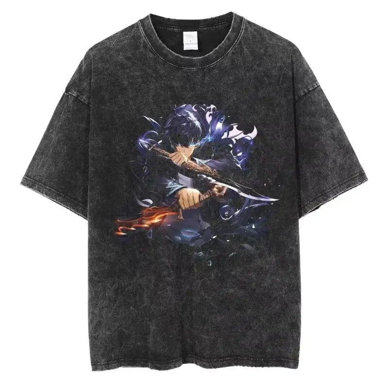 Men's and women's T-shirt plus size Harajuku unisex washed cotton T-shirt Hot Anime Solo Leveling Song Jinyu printed T-shirt