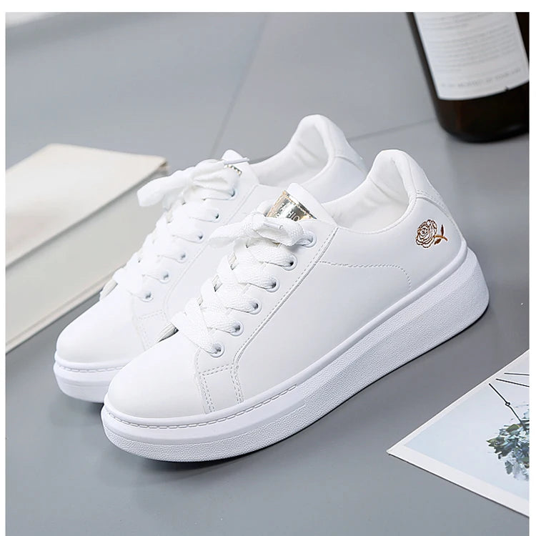 2022 Women Casual Shoes New Spring Fashion Embroidered White Breathable Flower Lace-Up Sneakers