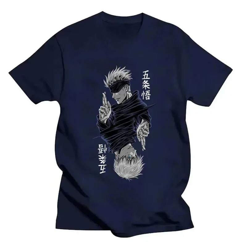 Women’s Jujutsu Kaisen Satoru Gojo T-shirt. Black & white O-neck, short sleeves, anime print, perfect for casual summer streetwear.
