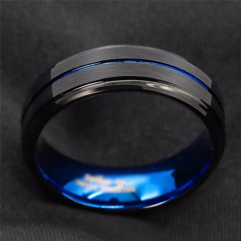 Fashion 8mm Men's Black Tungsten Wedding Band Rings Blue Groove Beveled Edge Engagement Ring for Male Valentine Gifts Jewelry