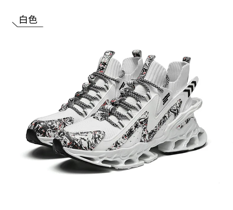 Anime and More men's running shoes with blade design and non-slip features in white and colorful accents.