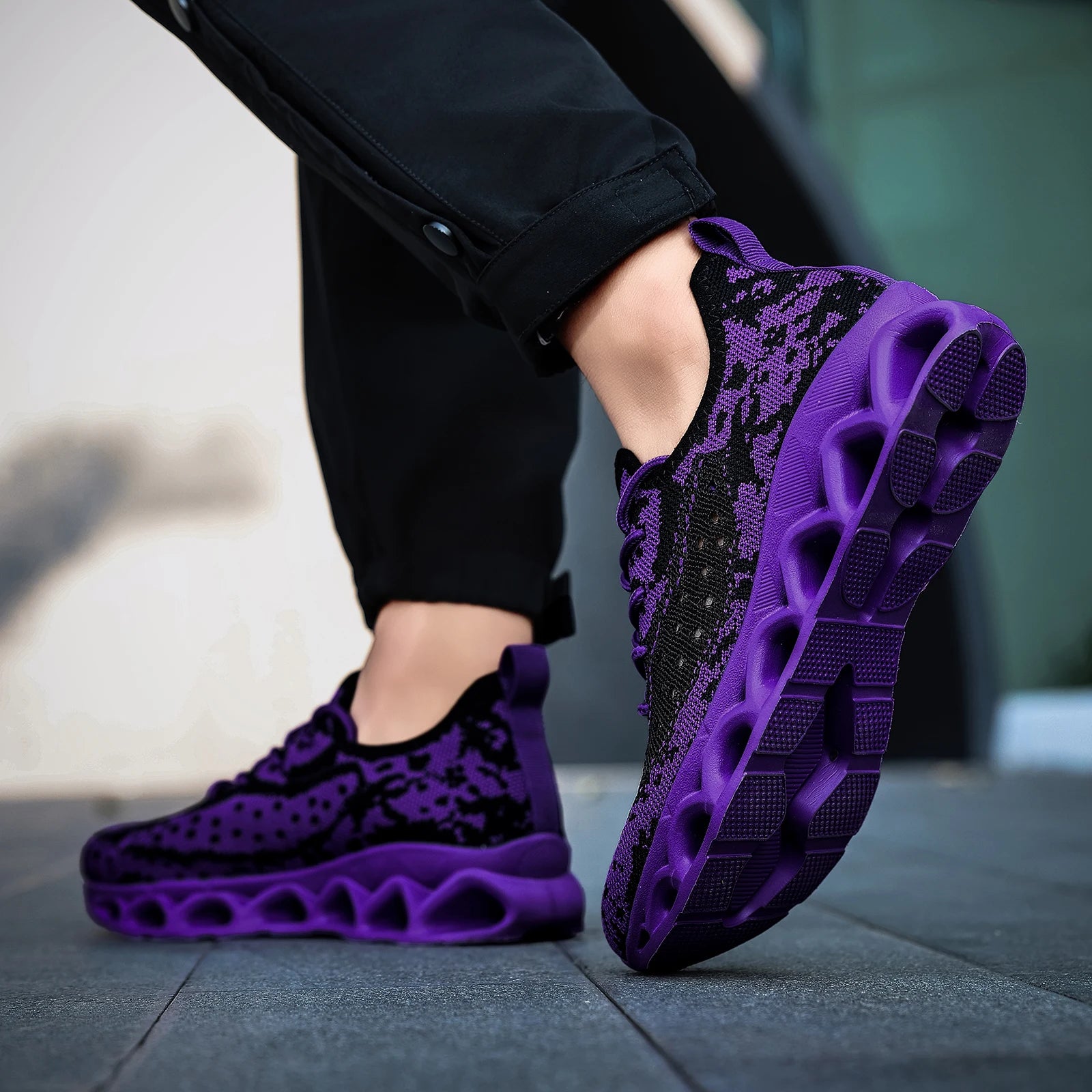 Purple and black patterned orthopedic sneakers for women, featuring a lace-up closure and flat heel design.