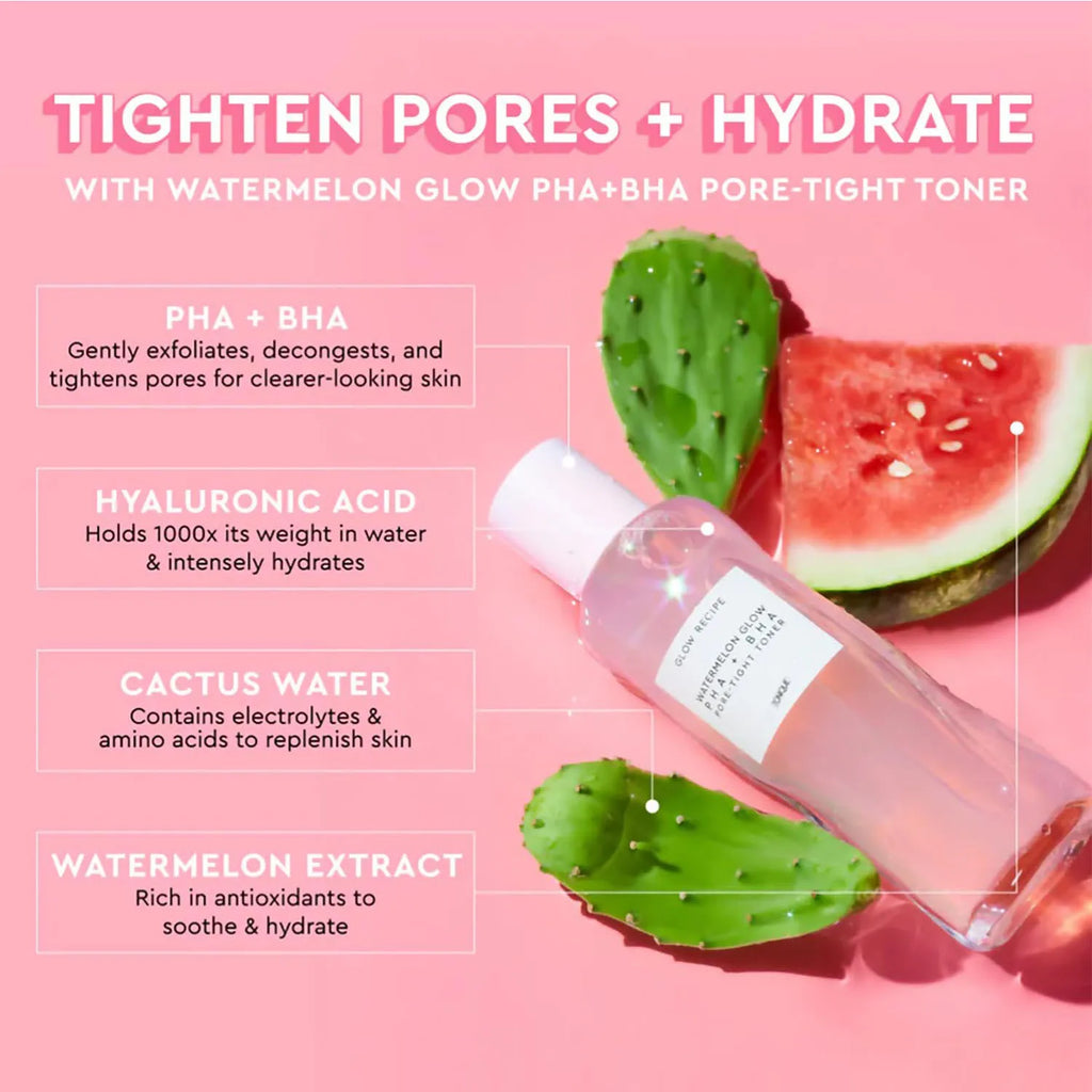 Glow Recipe Watermelon Glow PHA+BHA Pore-Tight Toner bottles in pink packaging for brightening and hydrating skin.