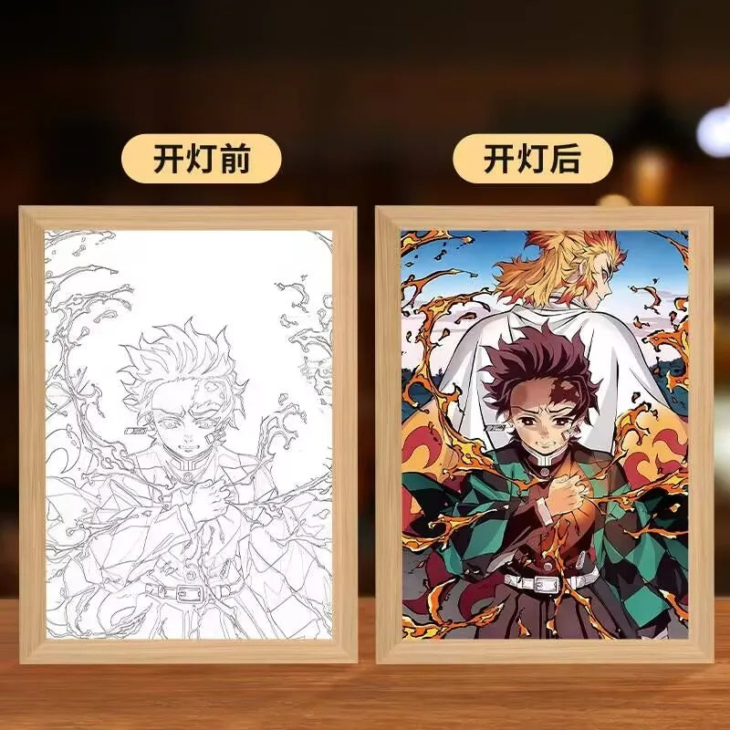 Anime Figure Light Painting Photo Frame Demons Slayer Kimetsu No Yaiba Tanjirou Action Led Lamps Bedroom Decor Chirstmas Gifts