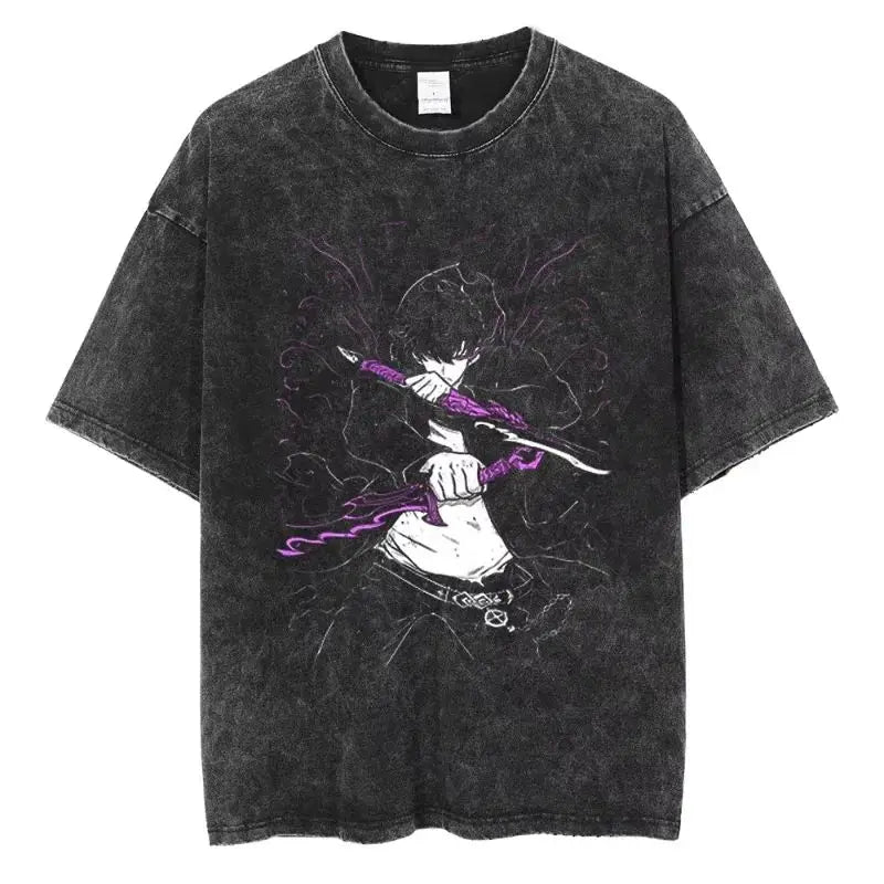 Men's and women's T-shirt plus size Harajuku unisex washed cotton T-shirt Hot Anime Solo Leveling Song Jinyu printed T-shirt