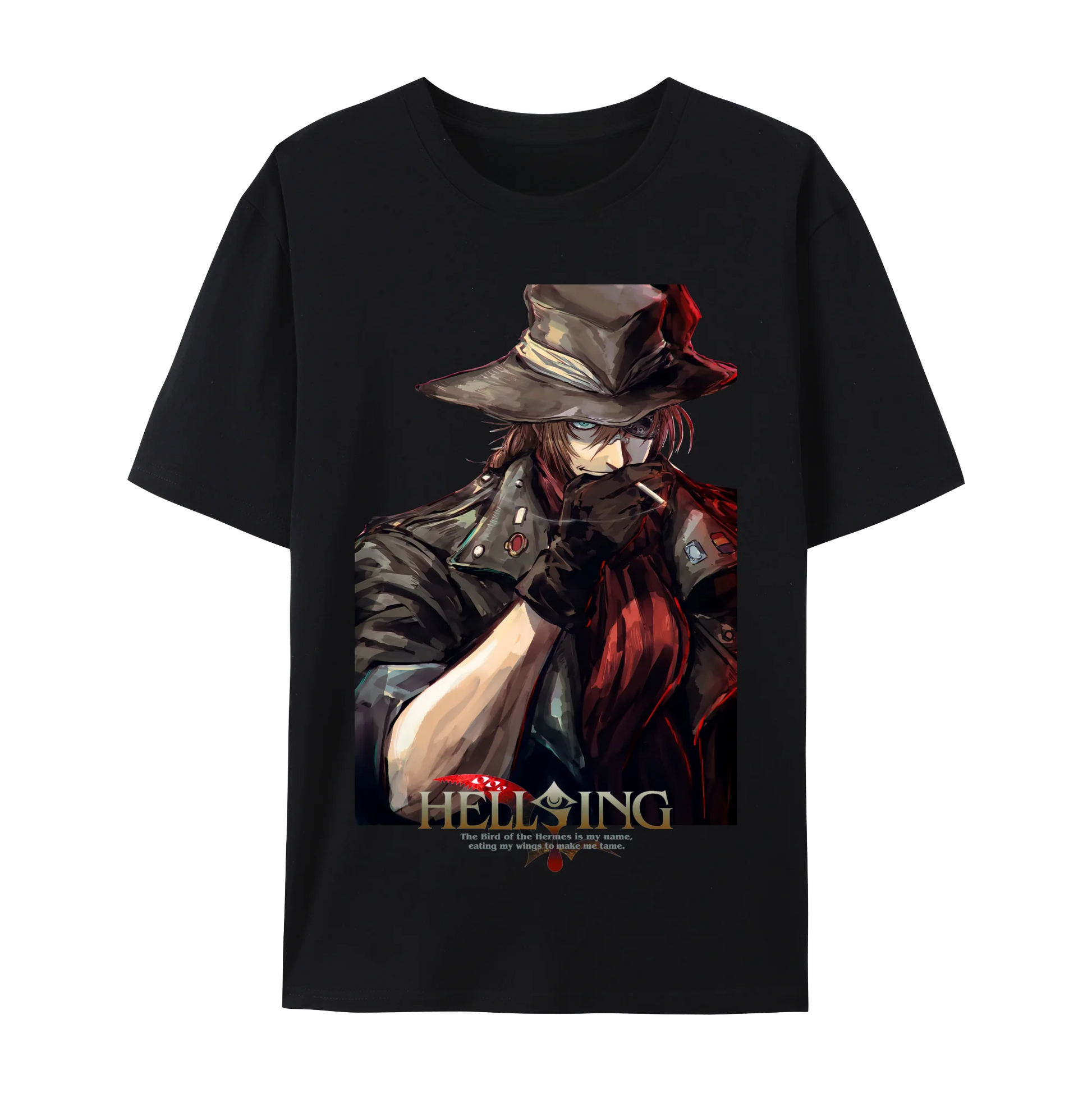 Black graphic tee featuring Alucard from Hellsing with vintage style and bold design.