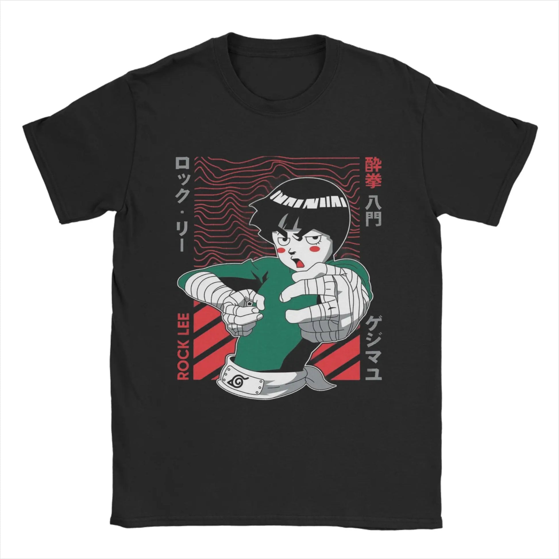 Black t-shirt featuring Rock Lee from Naruto with vibrant graphic design and Japanese text.
