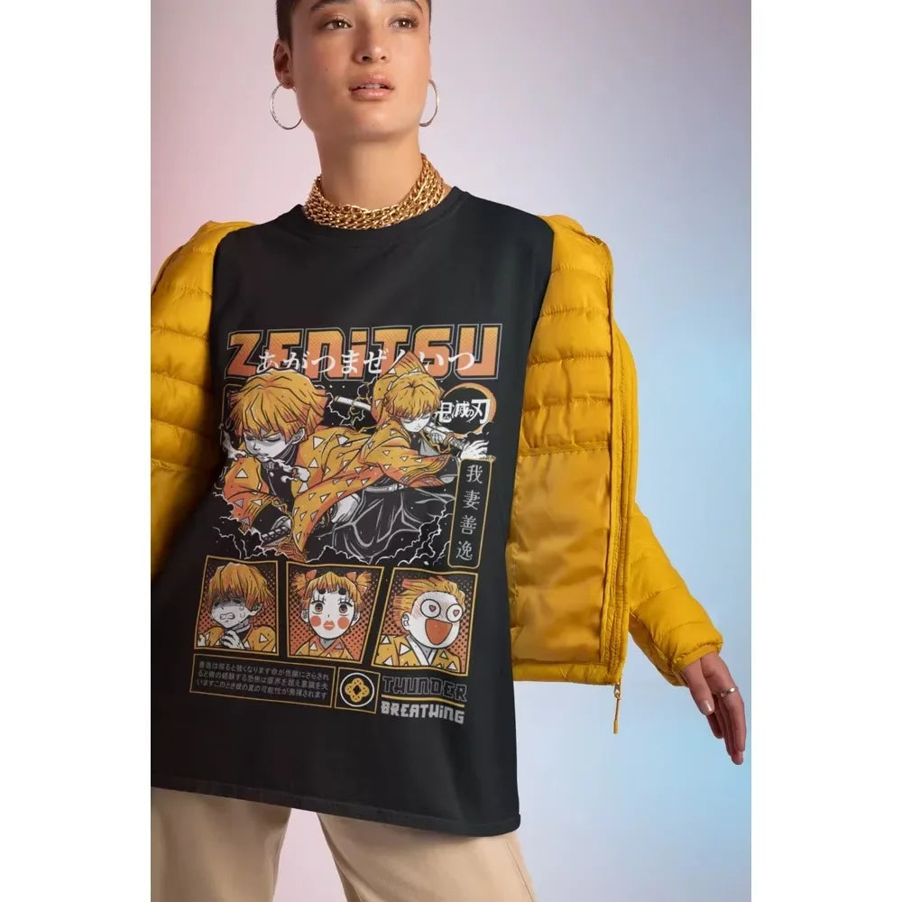 Black Zenitsu Demon Slayer tee featuring vibrant artwork and striking designs, perfect for anime fans.