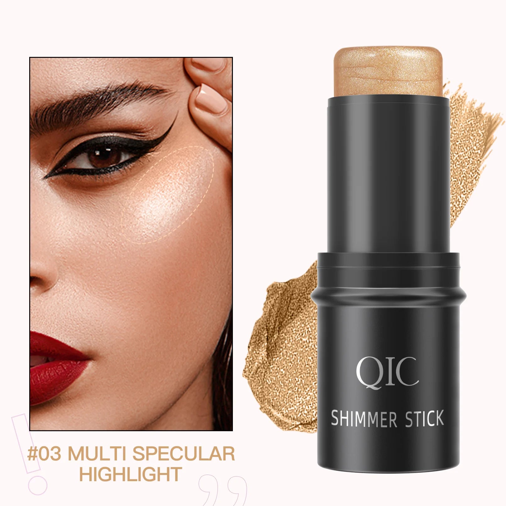 Two QIC shimmer stick highlighters with swatches, perfect for adding glow and radiance to makeup looks.