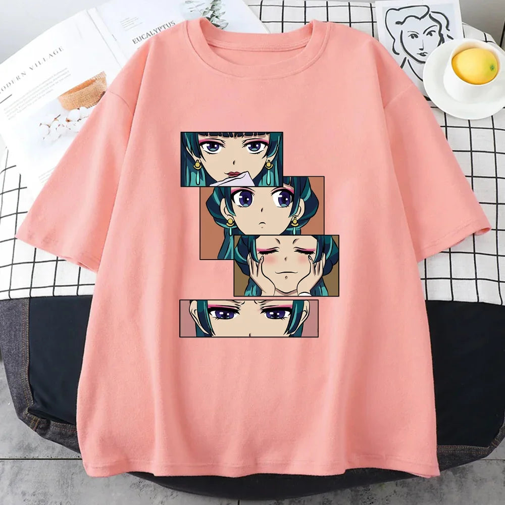Women’s Harajuku anime T-shirt featuring The Apothecary Diaries graphic. Cute, casual top perfect for streetwear, cosplay, or everyday wear.