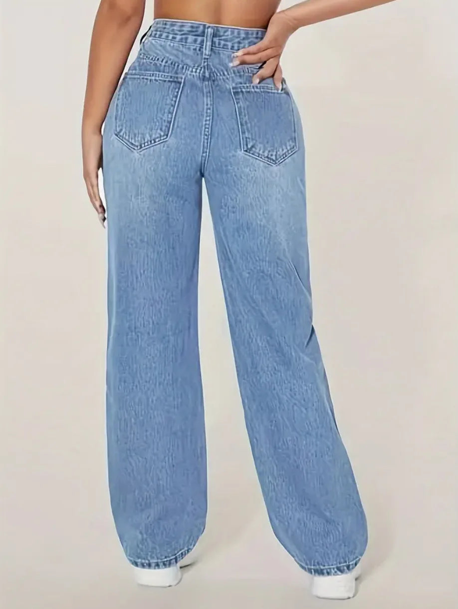 Mom Jeans Women Denim Pant Wide Leg Long Pants Hole High Waist Straight Trousers Y2k Streetwear Work Splice Casual 2025 Punk