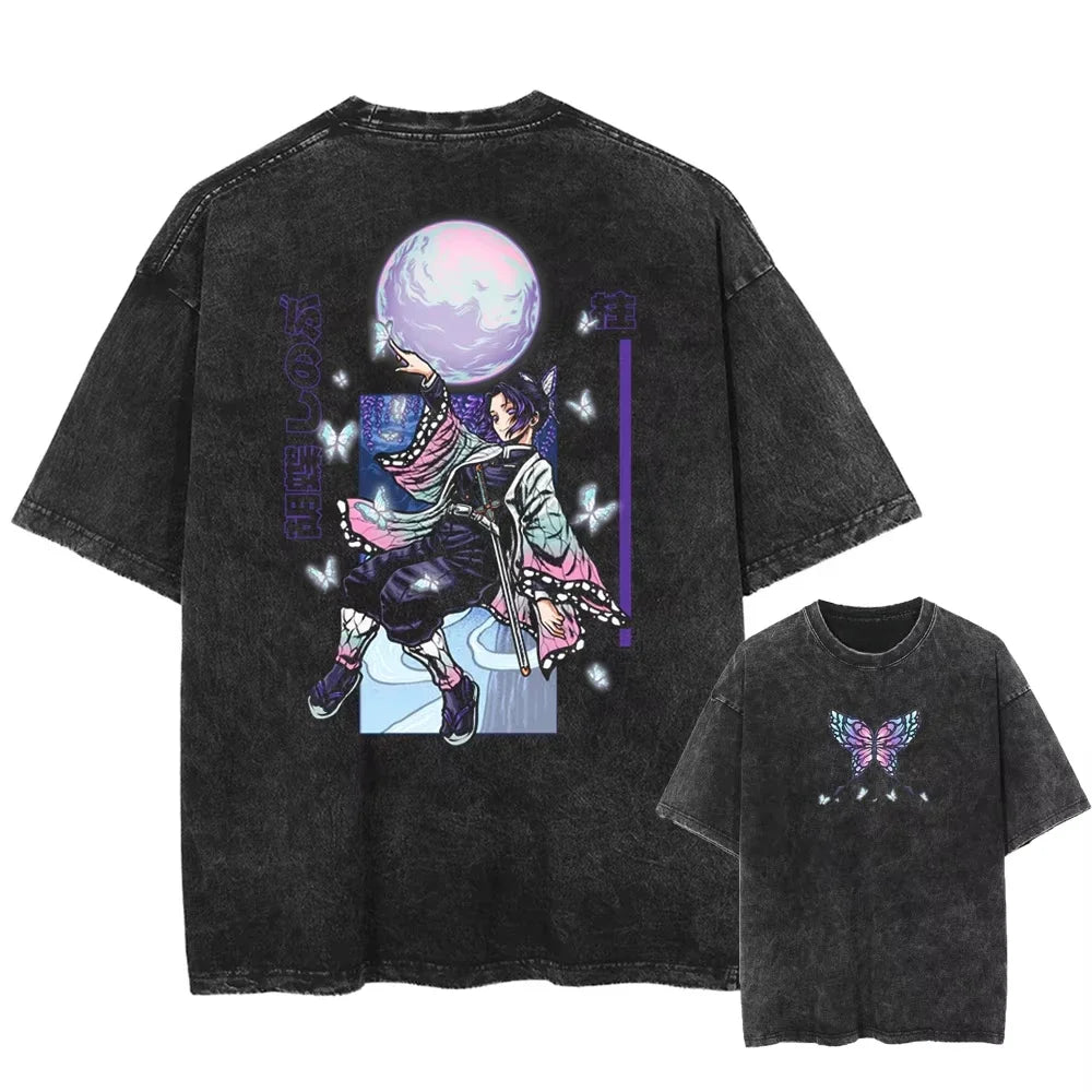 Streetwear Anime Graphic Print T-shirt Harajuku Washed Vintage T-Shirt Oversized Women Summer Fashion Cotton Men Top Tee Unisex