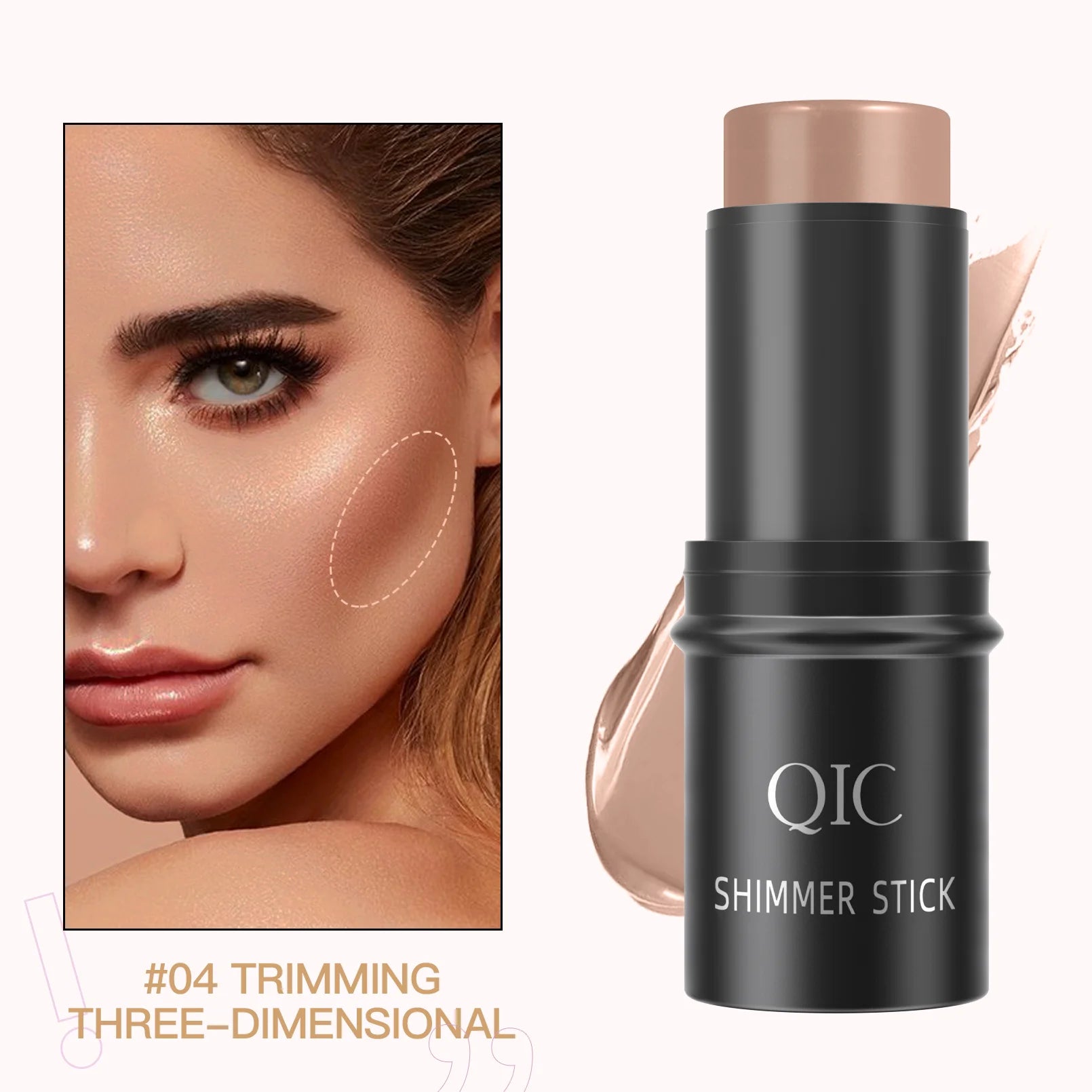 Two QIC shimmer stick highlighters with swatches, perfect for adding glow and radiance to makeup looks.