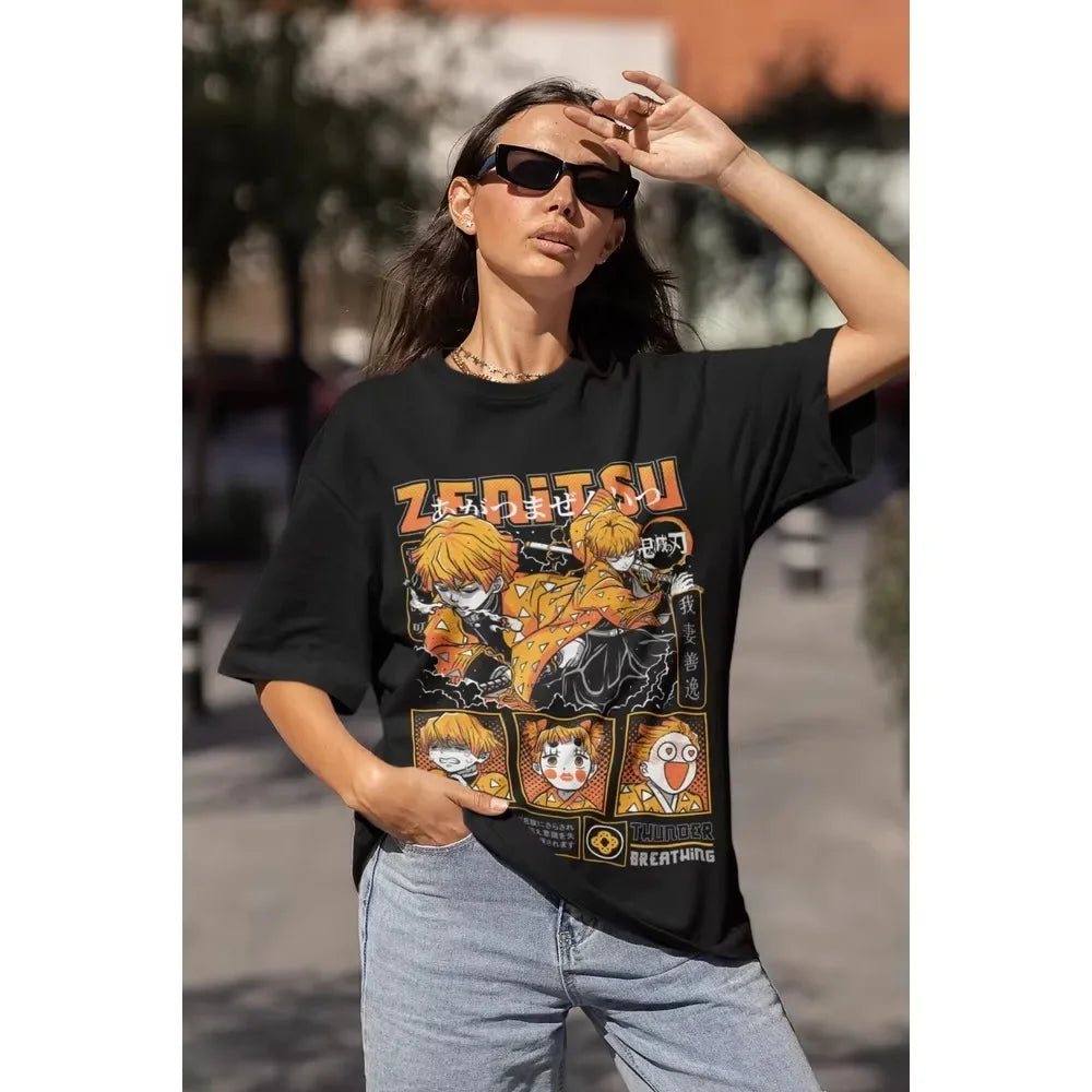 Black Zenitsu Demon Slayer tee featuring vibrant artwork and striking designs, perfect for anime fans.