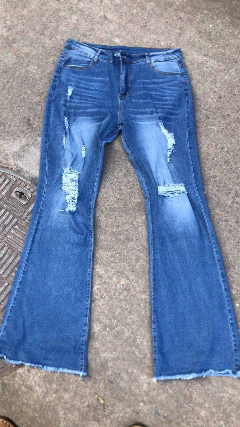 Denim Flare Pants Women Hole Jeans Boot Cut High Waist Stretch Pockets Distressed Washed Streetwear 2025 Floor Length Trousers