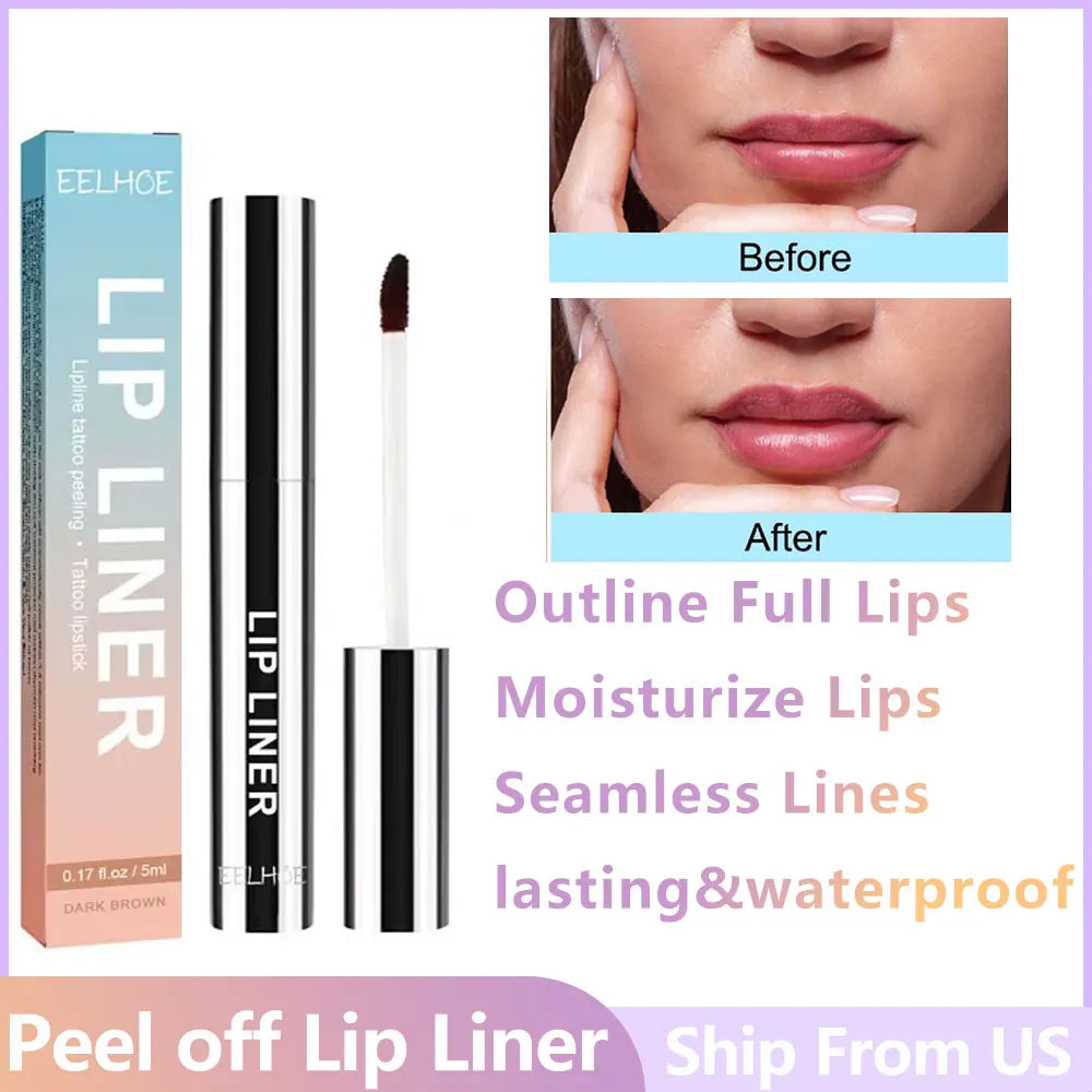 EELHOE dark brown peel off lip liner, moisturizing and waterproof, before and after application comparison.