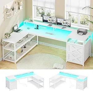 67" L Shaped Desk with Drawers, Computer Office Desk with Storage Shelves & Power Outlet, Reversible Gaming Desks with LED Ligh
