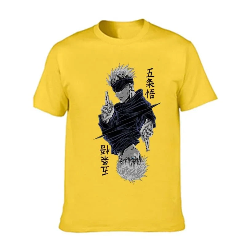 Women’s Jujutsu Kaisen Satoru Gojo T-shirt. Black & white O-neck, short sleeves, anime print, perfect for casual summer streetwear.