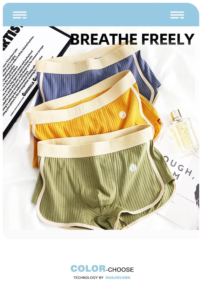 1/3PCS 100% Cotton Solid Striped Men's Boxer Sexy Breathable Mesh U Crotch Underwear High Elastic Widen Waistband Underpants