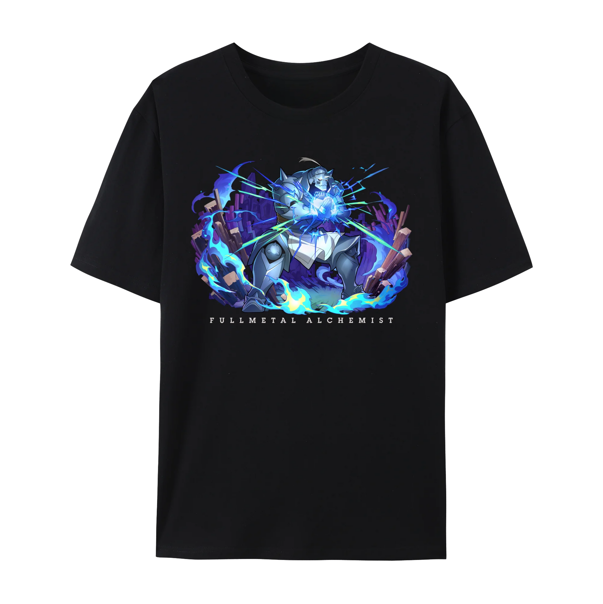 Fullmetal Alchemist graphic cotton T-shirt featuring Alphonse in a dynamic blue design on a black background.