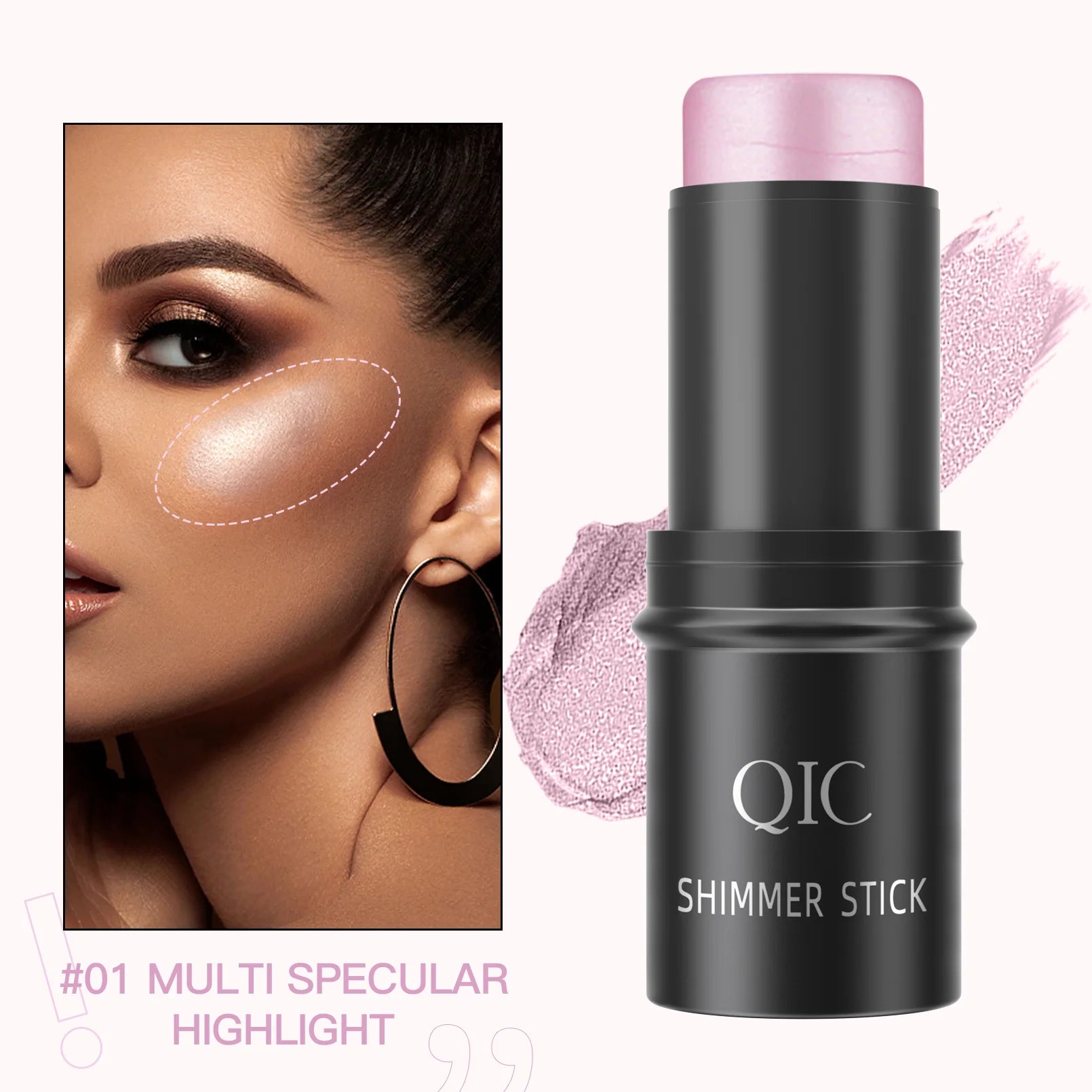 Two QIC shimmer stick highlighters with swatches, perfect for adding glow and radiance to makeup looks.