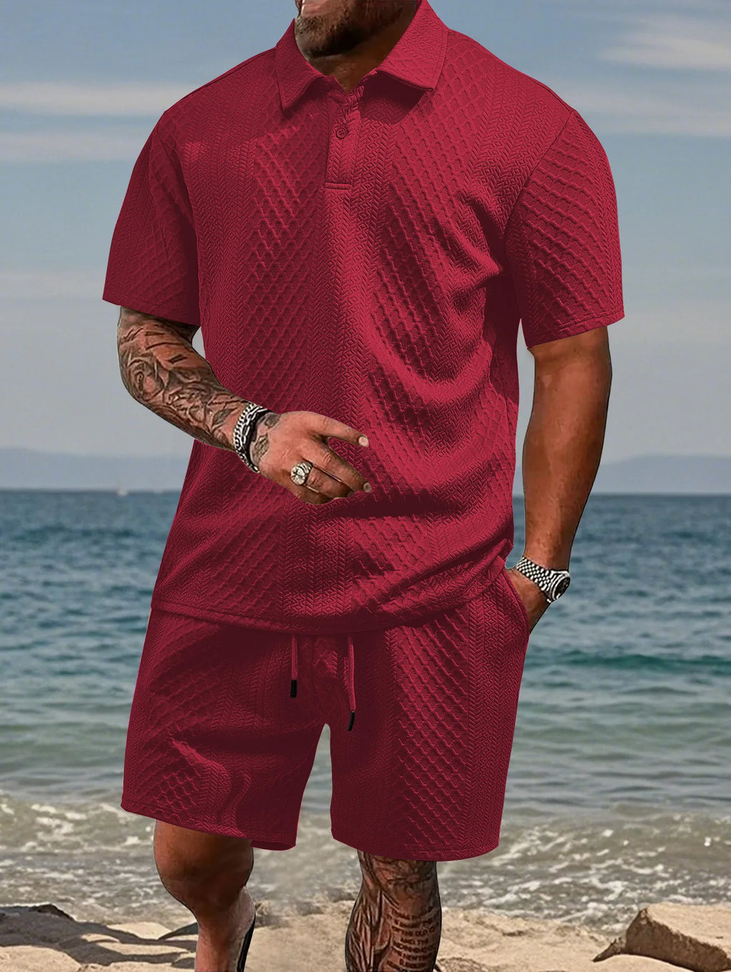 2025 Summer New Men's Casual Sportswear Polo Shirt With A Lapel, Men's Short-sleeved Shirt And Shorts, Jacquard Texture Suit