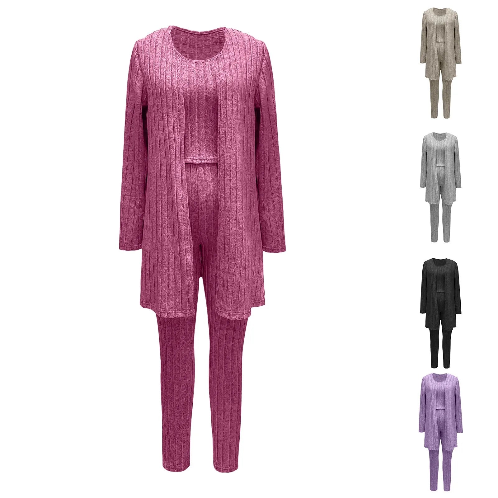 Woman wearing anime and more women's ribbed knit pajama set in gray, featuring a long cardigan and fitted bottoms.